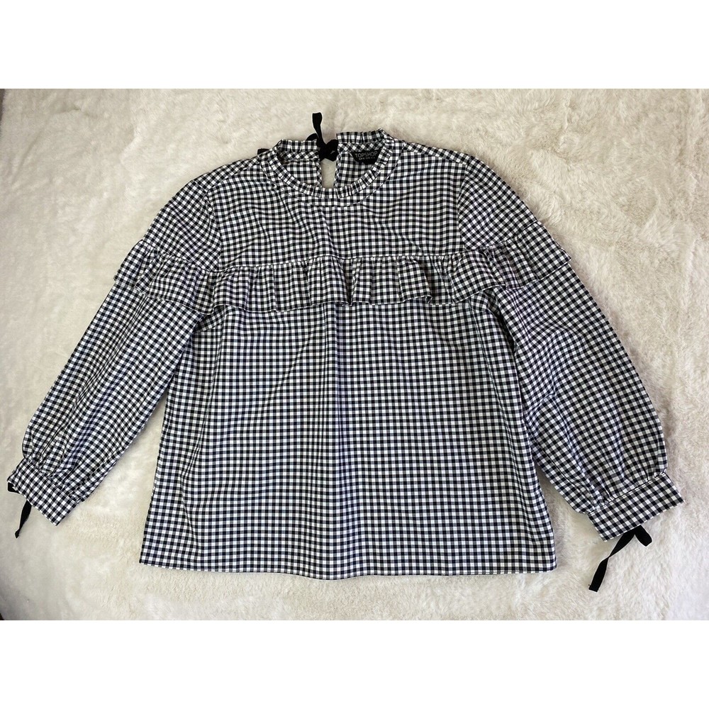 TOPSHOP Blouse Top Women's Size 10 Black White Ruffle Gingham Check NWOT
